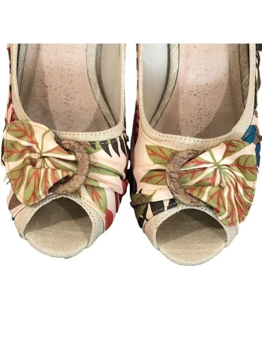 RESTRICTED tropical print peep-toe espadrilles. Leather and fabric. Size 9